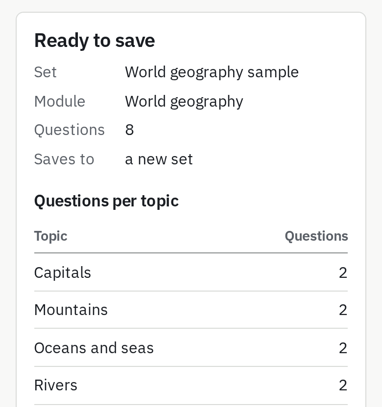 DoMcq’s import page after a paste: the sample set’s name, its exam and how many questions each topic has, ready to save.
