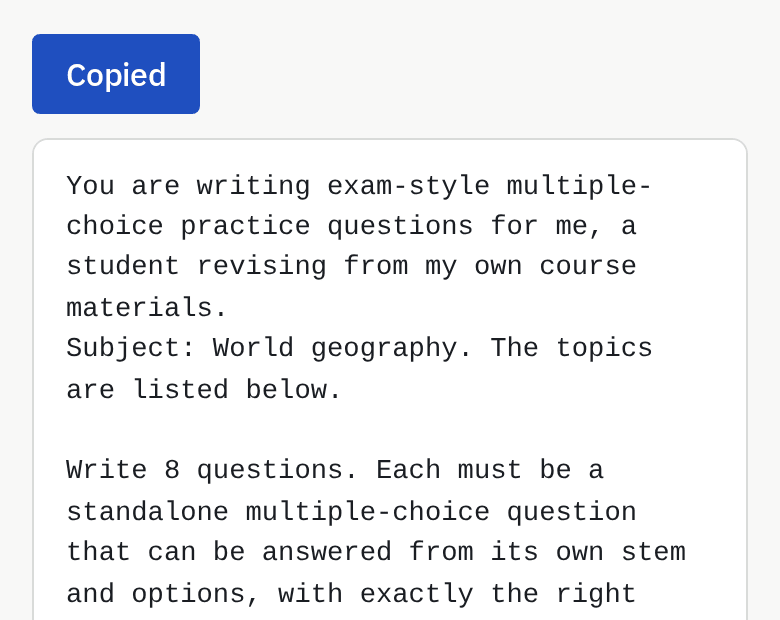 A DoMcq prompt for a sample world-geography set, just copied, ready to paste into your AI.