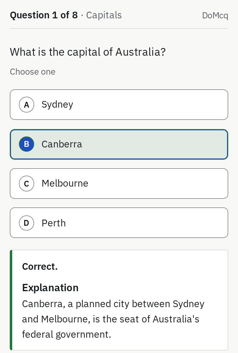 A sample world-geography question in DoMcq’s tutor mode: the answer chosen is marked correct, and the explanation is under it.